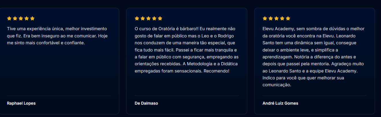 Três depoimentos de alunos da Elevu Academy sobre as aulas e a mentoria de oratória: Raphael Lopes, De Dalmaso e André Luiz Gomes